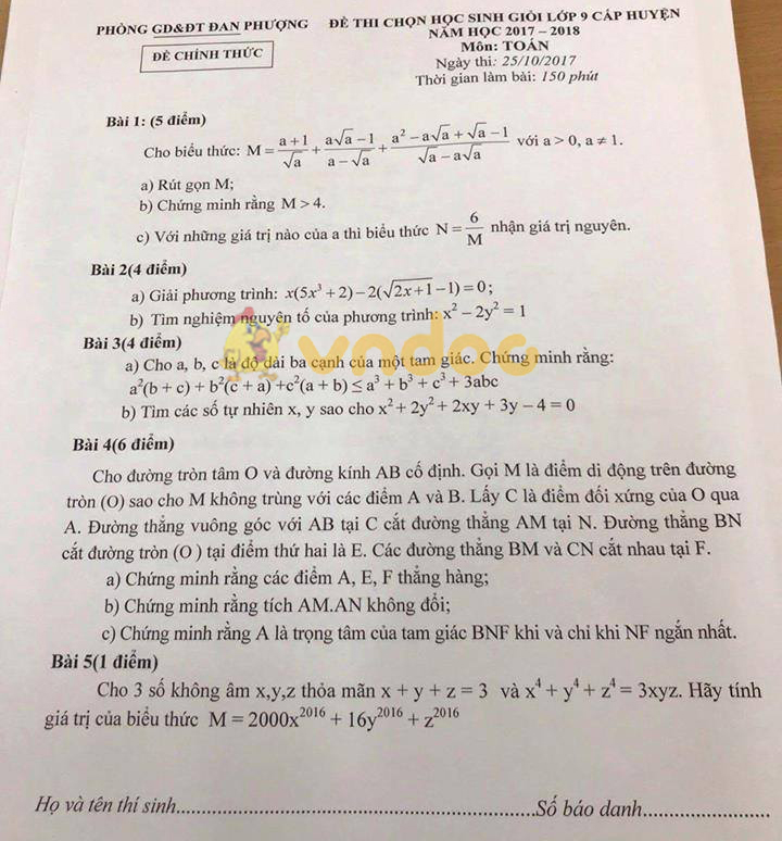 3 Đề thi học sinh giỏi cấp huyện lớp 9 môn Toán năm 2017 - 2018