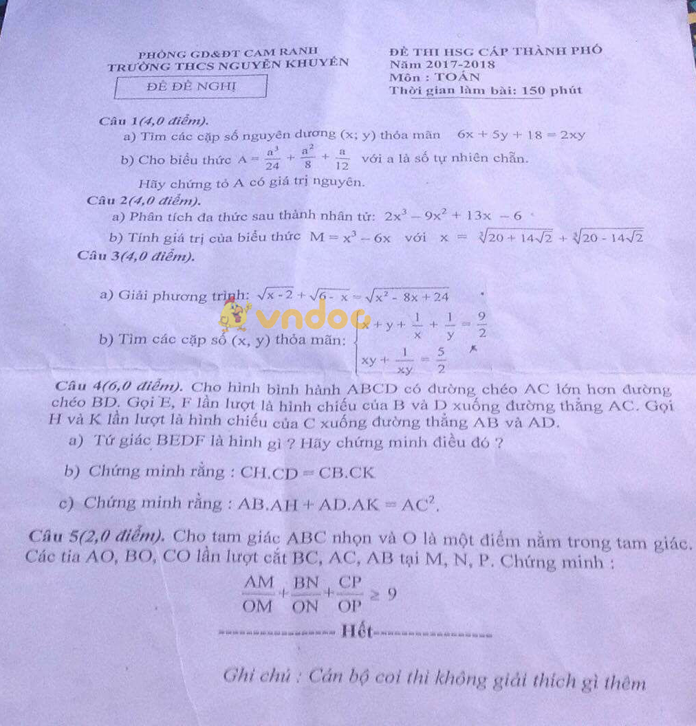 Đề thi học sinh giỏi cấp TP lớp 9 môn Toán trường THCS Nguyễn Khuyến