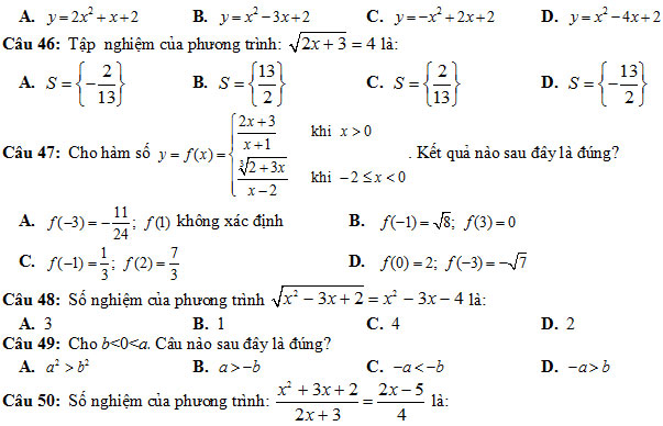 100 câu hỏi trắc nghiệm Đại số ôn thi học kỳ 1 lớp 10 năm 2018