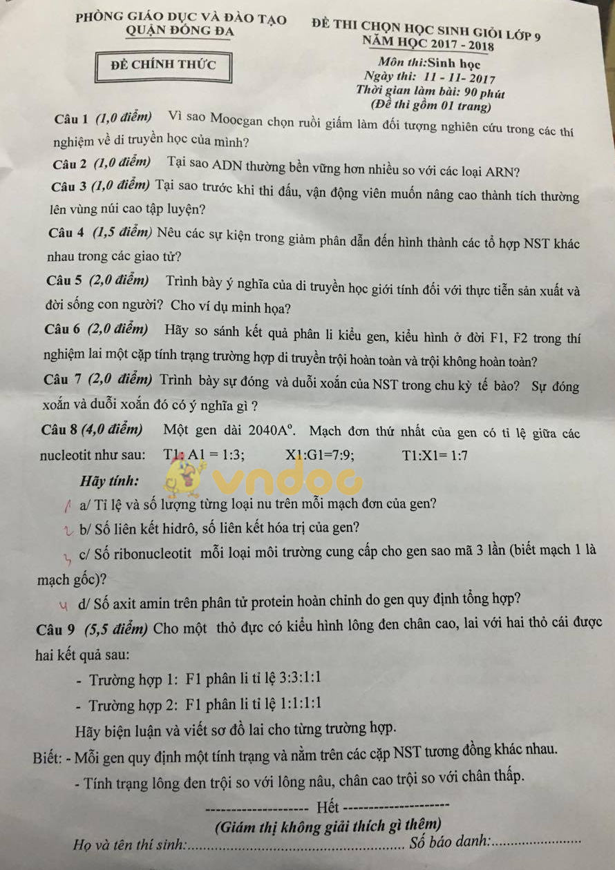 Đề thi chọn học sinh giỏi lớp 9 môn Sinh học Phòng GD&ĐT Quận Đống Đa năm học 2017 - 2018