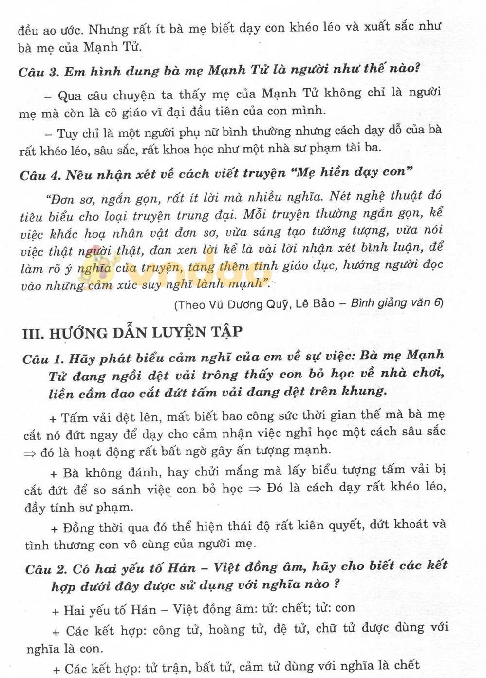 Giải bài tập Ngữ văn lớp 6 bài 15: Mẹ hiền dạy con