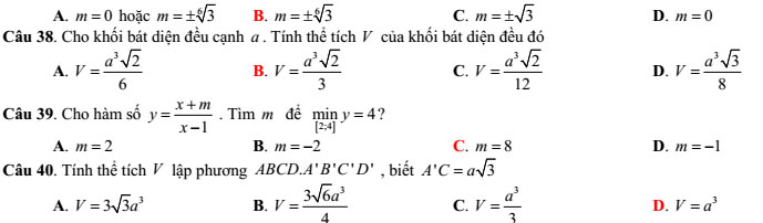 Đề kiểm tra chất lượng giữa học kỳ 1 môn Toán lớp 12 năm 2018