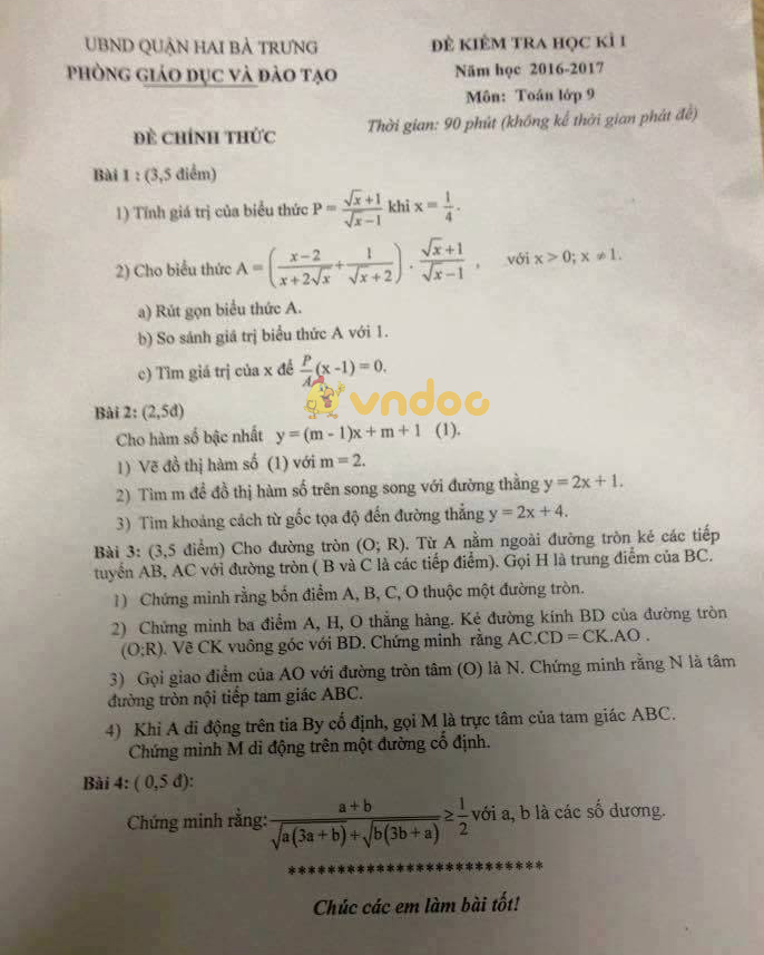 Đề kiểm tra học kì 1 lớp 9 môn Toán Phòng GD&ĐT Quận Hai Bà Trưng năm học 2016 - 2017