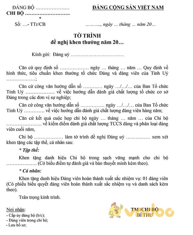 Tờ trình đề nghị khen thưởng