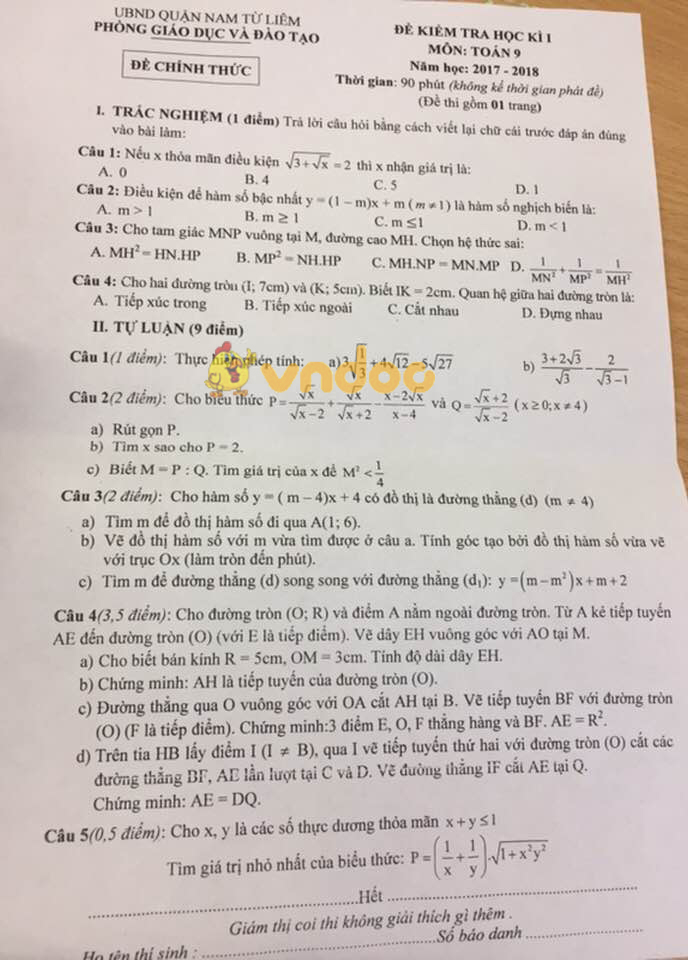 Đề kiểm tra học kì 1 lớp 9 môn Toán Phòng GD&ĐT Nam Từ Liêm