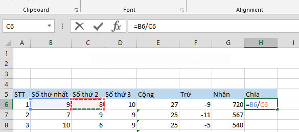 Hàm chia trong excel