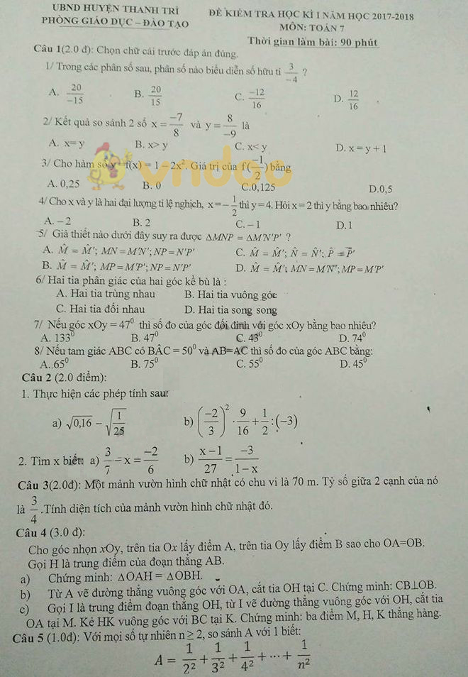 Đề kiểm tra học kì 1 lớp 7 môn Toán Phòng GD&ĐT huyện Thanh Trì năm học 2017 - 2018