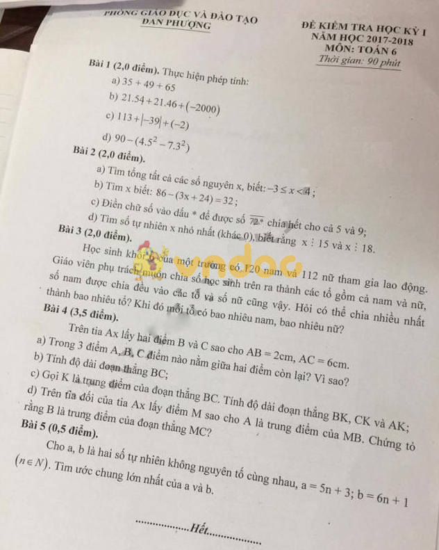 Đề kiểm tra học kì 1 lớp 6 môn Toán Phòng GD&ĐT Đan Phượng năm học 2017 - 2018