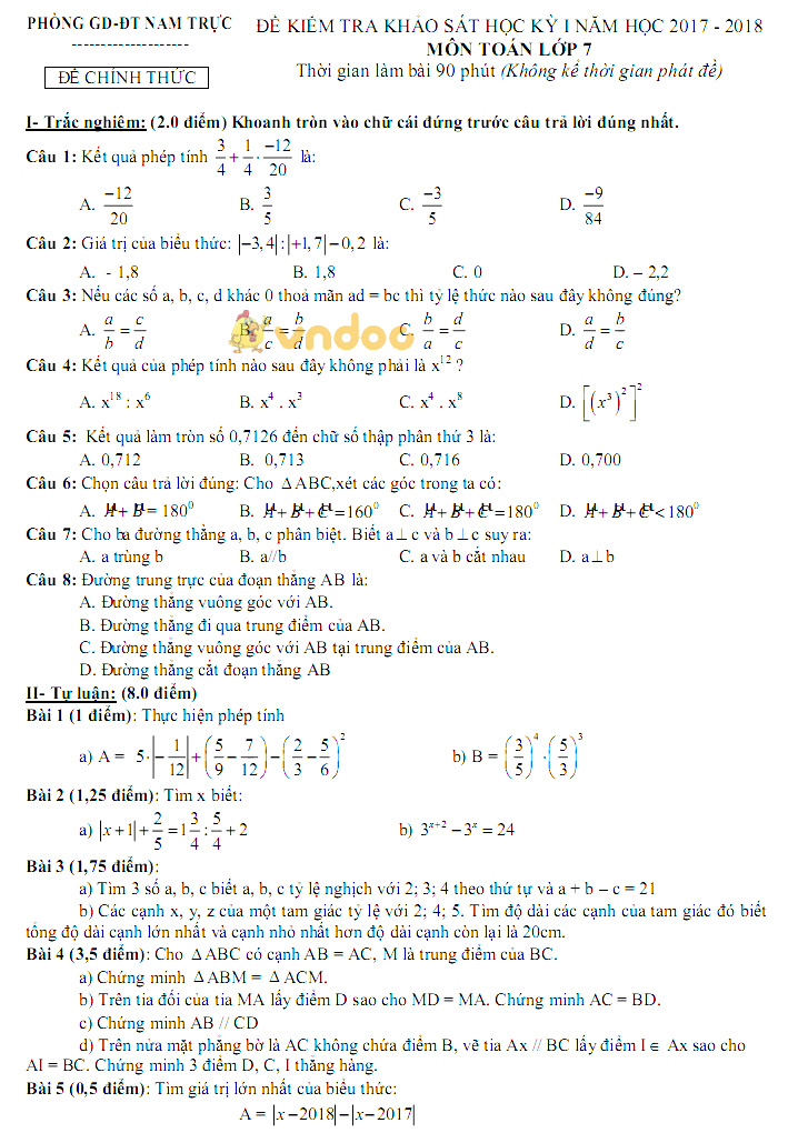Đề kiểm tra khảo sát học kỳ 1 lớp 7 môn Toán Phòng GD&ĐT Nam Trực năm học 2017 - 2018