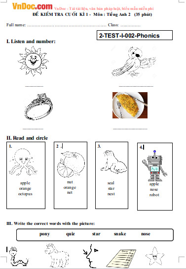 Đề thi học kì 1 lớp 2 môn tiếng Anh