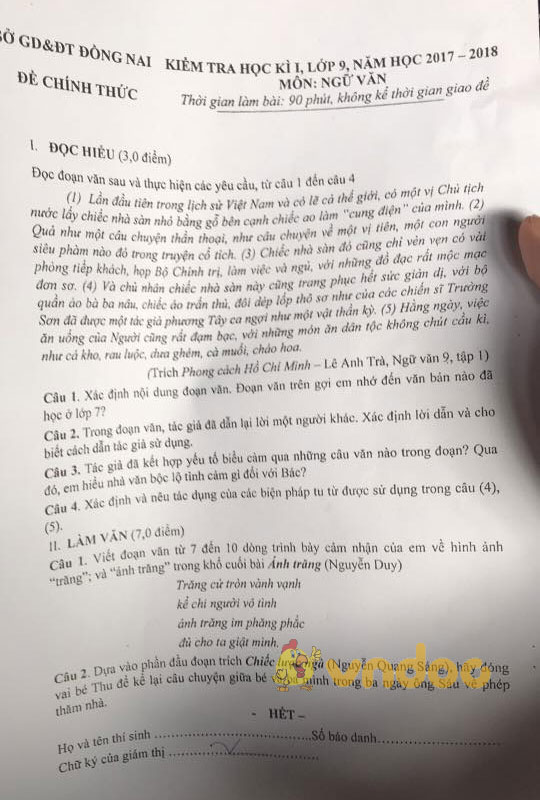 Đề thi học kì 1 môn Ngữ Văn lớp 9 tỉnh Đồng Nai năm học 2017-2018