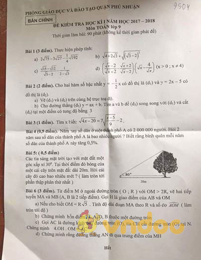 Đề thi học kì 1 môn Toán lớp 9 quận Phú Nhuận, Tp Hồ Chí Minh năm học 2017-2018 có đáp án
