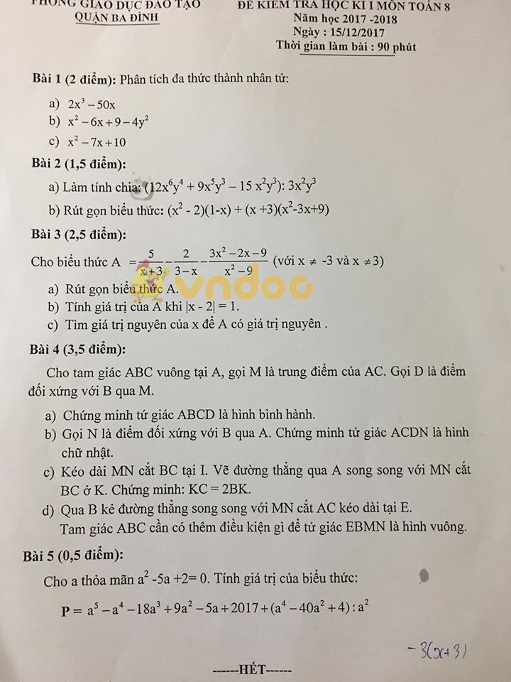 Đề kiểm tra học kì 1 lớp 8 môn Toán Phòng GD&ĐT Quận Ba Đình năm học 2017 - 2018