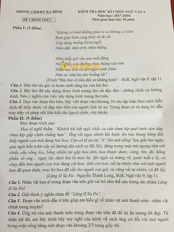 Đề kiểm tra học kì 1 lớp 9 môn Ngữ văn Phòng GD&ĐT Ba Đình năm học 2017 - 2018