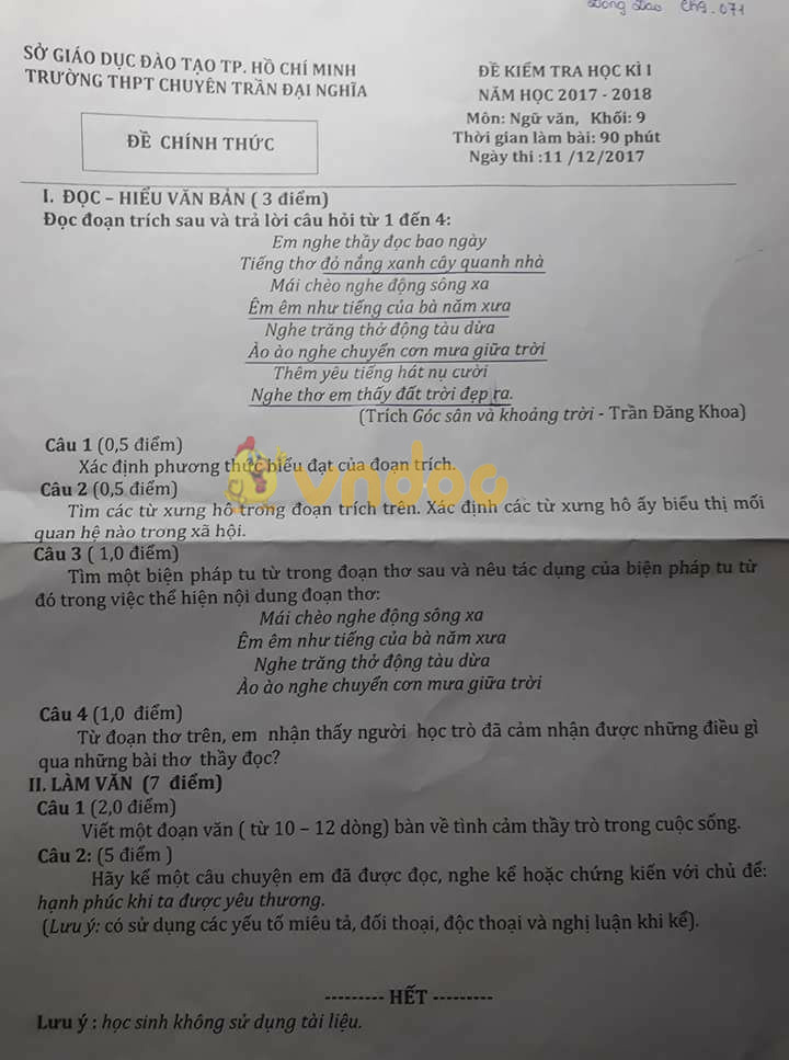 Đề kiểm tra học kì 1 lớp 9 môn Ngữ văn trường THPT Chuyên Trần Đại Nghĩa, TP Hồ Chí Minh năm học 2017 - 2018