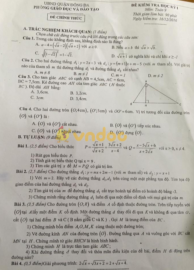 Đề kiểm tra học kì 1 lớp 9 môn Toán Phòng GD&ĐT Quận Đống Đa