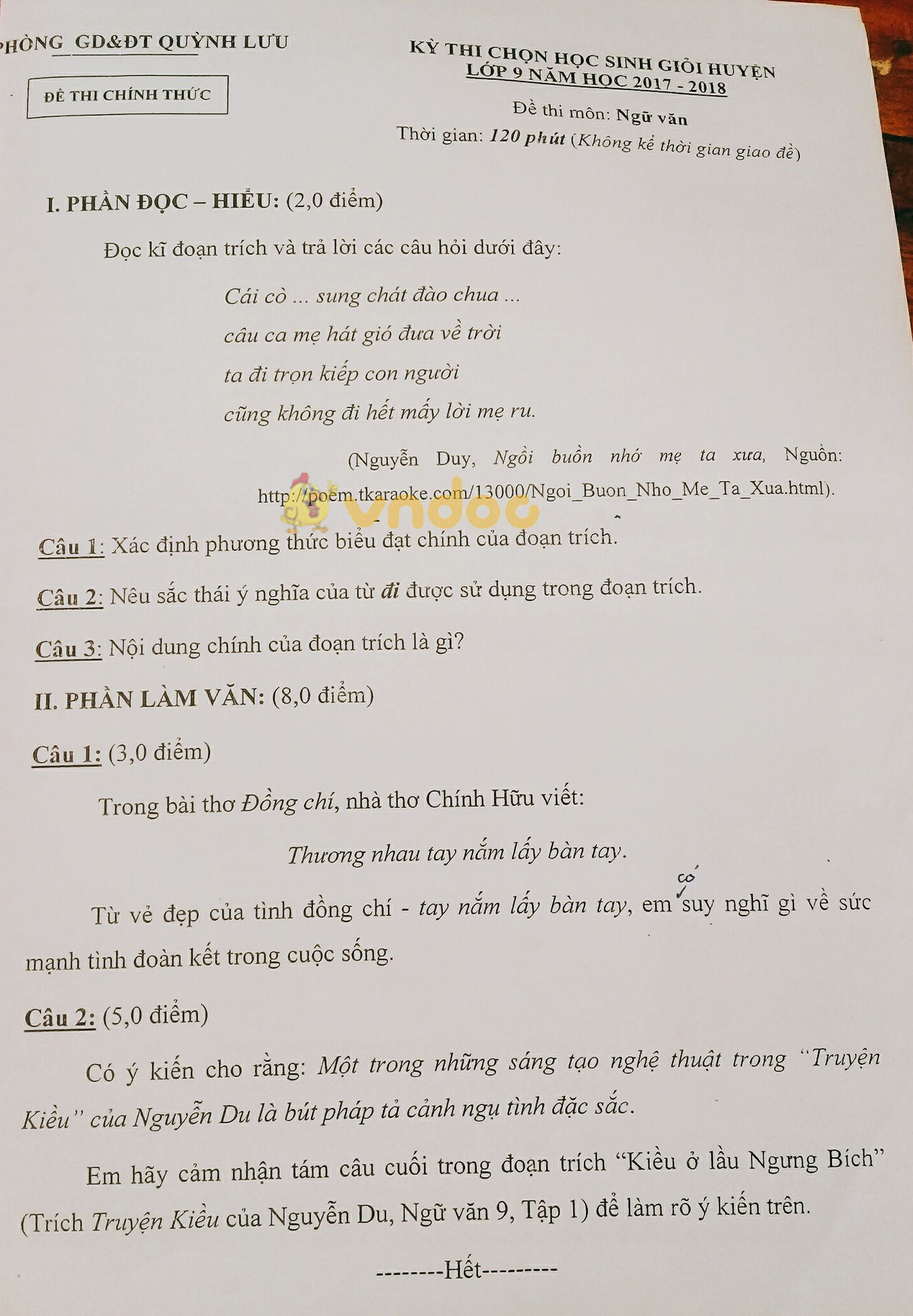 Đề thi học sinh giỏi cấp huyện lớp 9 môn Ngữ văn Phòng GD&ĐT Quỳnh Lưu năm học 2017 - 2018