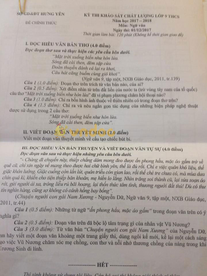 Đề thi khảo sát chất lượng lớp 9 môn Ngữ văn Phòng GD&ĐT Hưng Yên năm học 2017 - 2018