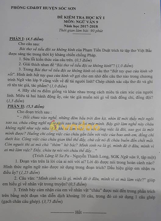 Bộ đề thi học kì 1 lớp 9 môn Ngữ văn năm học 2017 - 2018