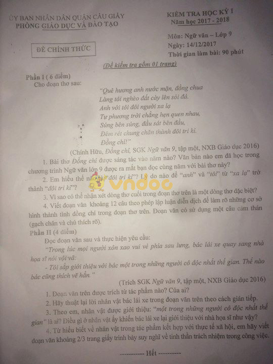 Bộ đề thi học kì 1 lớp 9 môn Ngữ văn năm học 2017 - 2018