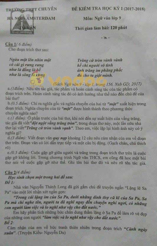 Đề kiểm tra học kì 1 lớp 9 môn Ngữ văn trường THPT Chuyên Amsterdam năm học 2017 - 2018