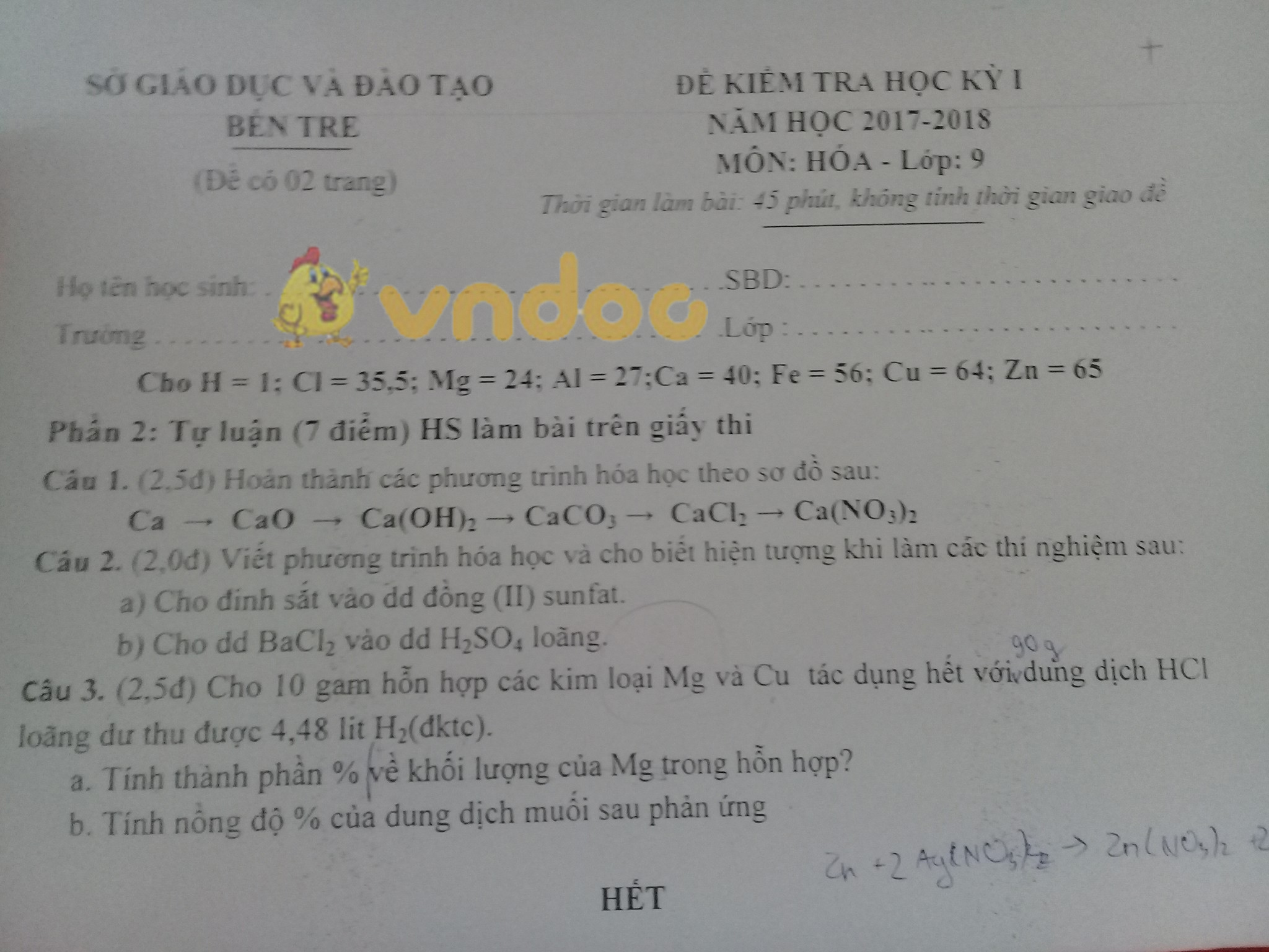 Đề kiểm tra học kì 1 lớp 9 môn Hóa học Sở GD&ĐT Bến Tre năm học 2017 - 2018