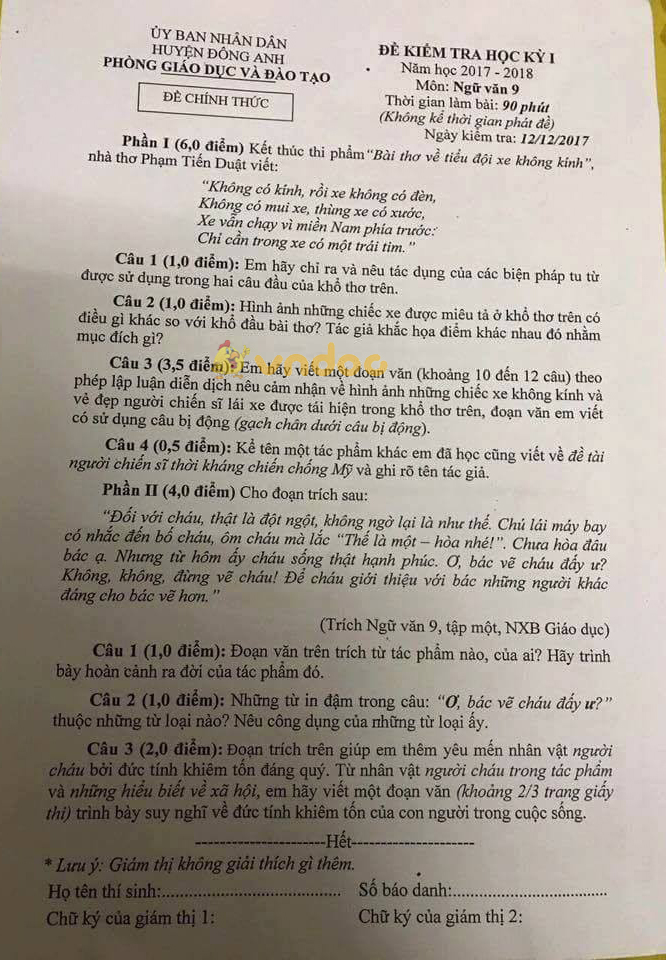 Đề kiểm tra học kì 1 lớp 9 môn Ngữ văn Phòng GD&ĐT Huyện Đông Anh năm học 2017 - 2018