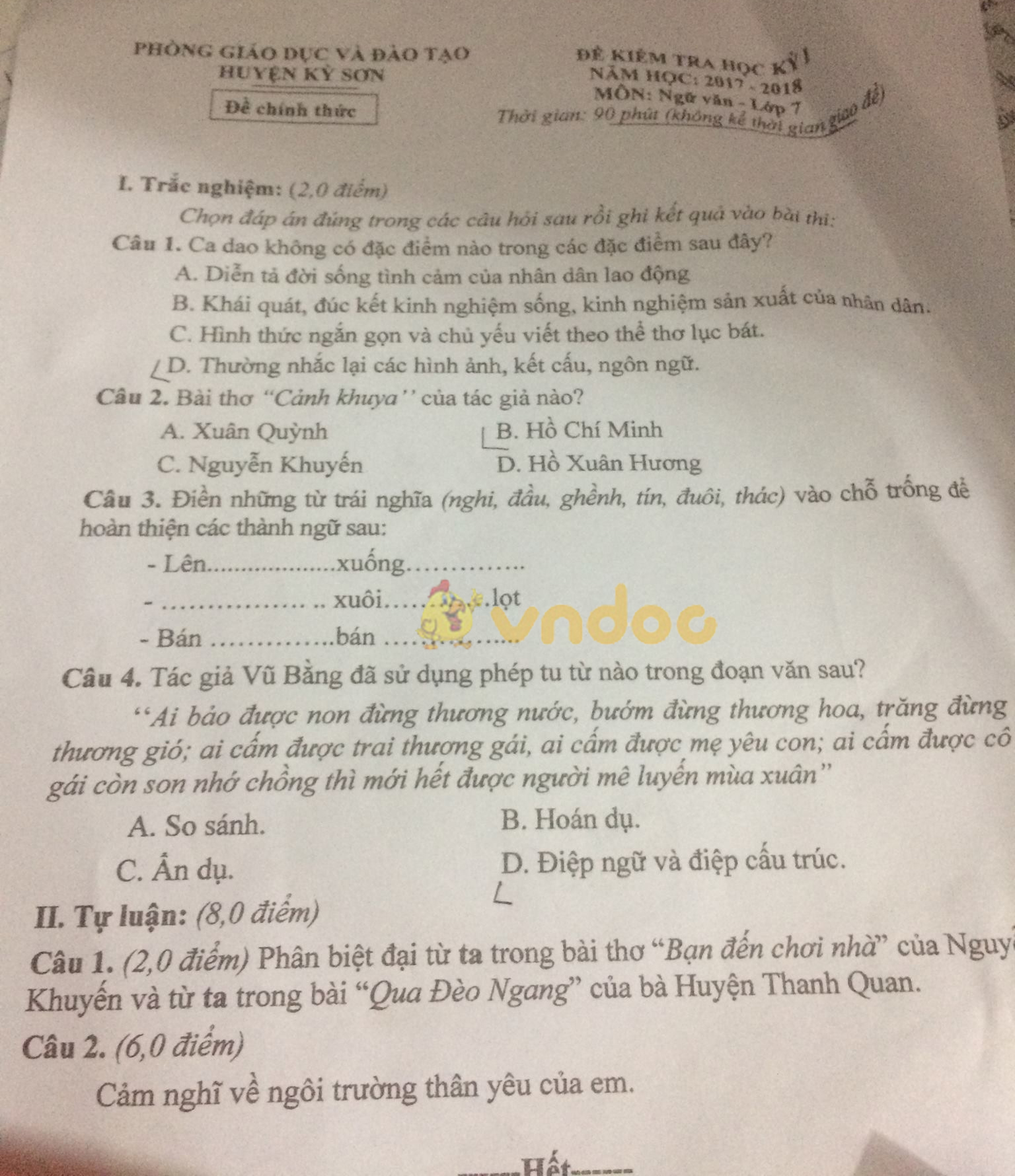 Đề kiểm tra học kì 1 lớp 7 môn Ngữ văn Phòng GD&ĐT Huyện Kỳ Sơn năm học 2017 - 2018