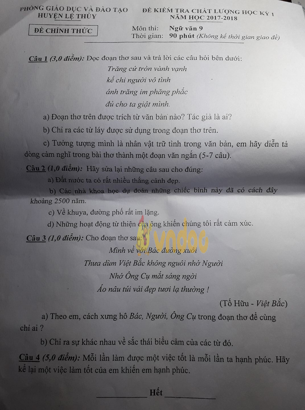 Đề kiểm tra học kì 1 lớp 9 môn Ngữ văn Phòng GD&ĐT Huyện Lệ Thủy năm học 2017 - 2018