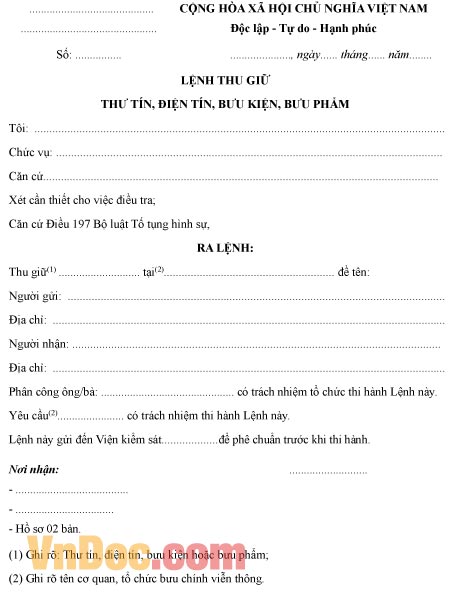 Mẫu lệnh thu giữ thư tín, điện tín, bưu kiện, bưu phẩm