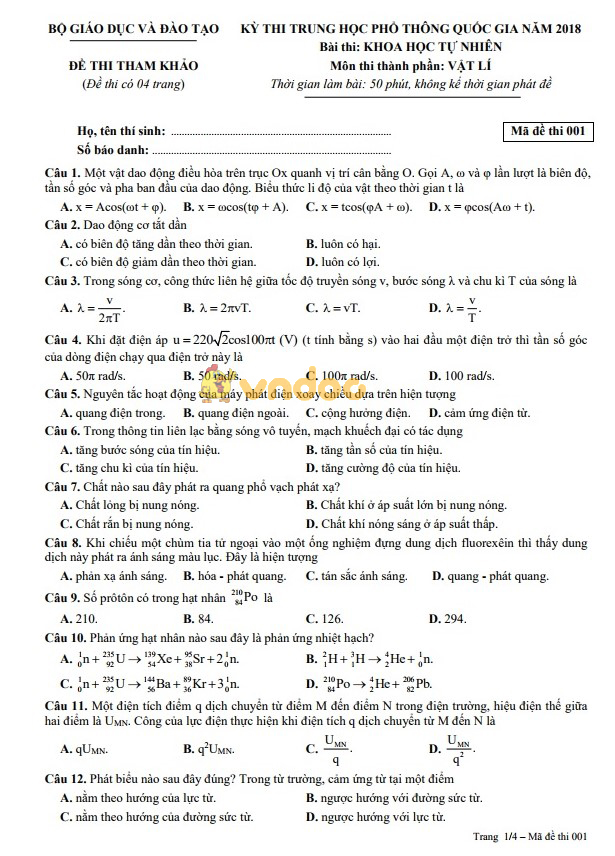 Đề thi minh họa THPT Quốc Gia năm 2017 - 2018 môn Vật lý