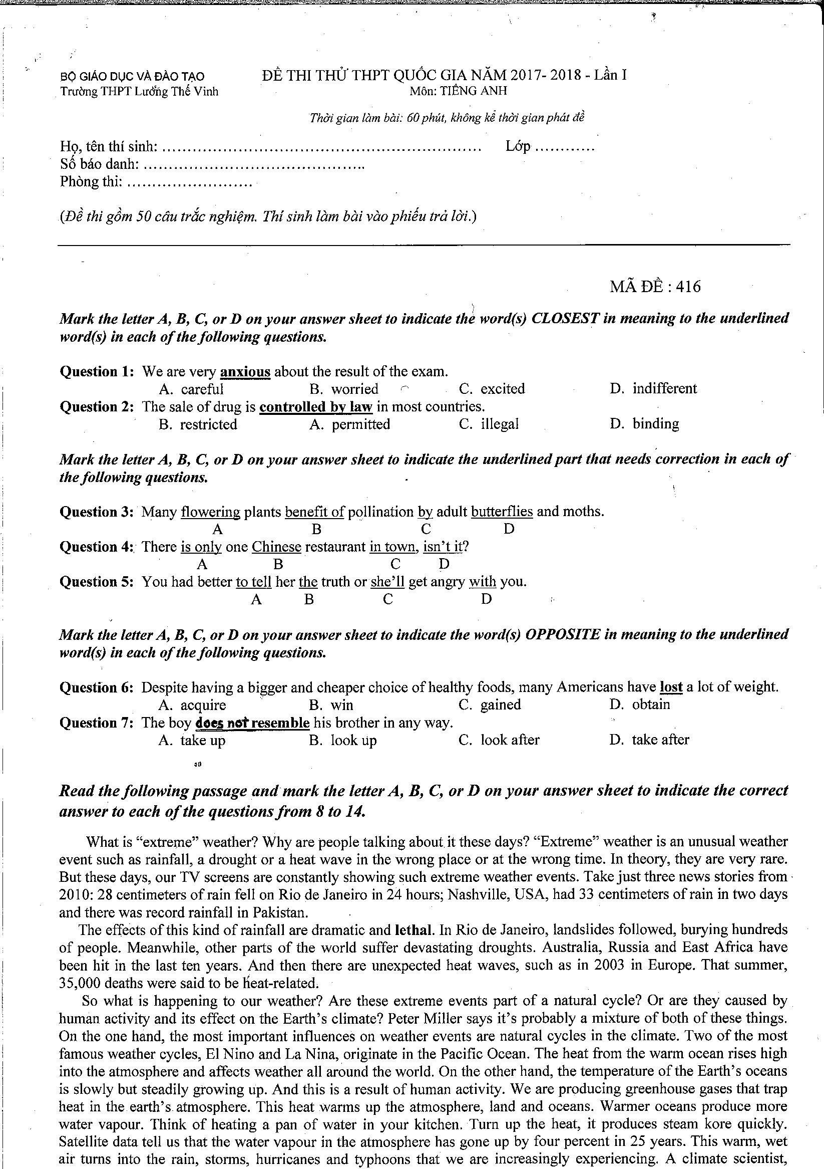 Đề thi thử THPT Quốc gia môn tiếng Anh