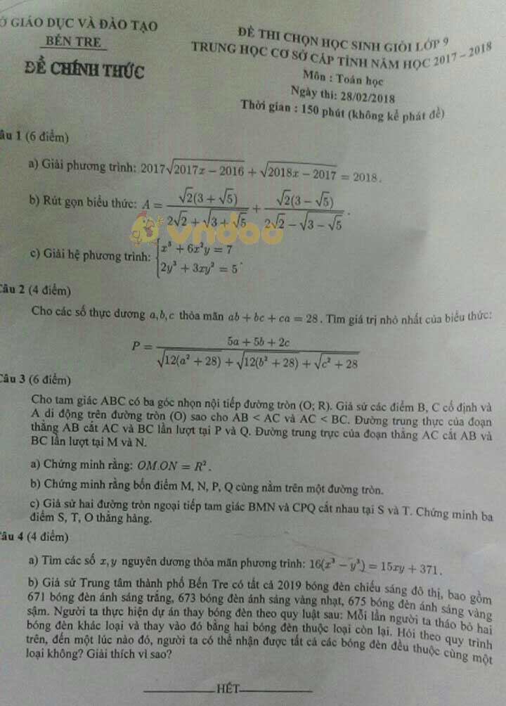 Đề thi chọn học sinh giỏi cấp tỉnh lớp 9 môn Toán Phòng GD&ĐT Bến Tre năm học 2017 - 2018