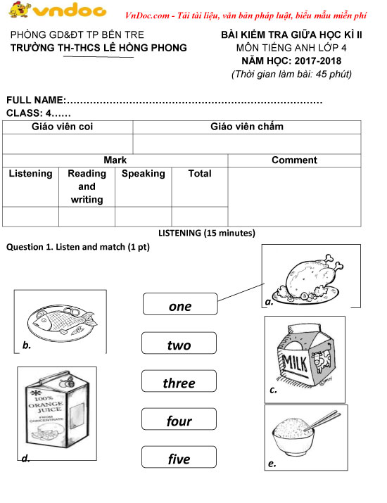 Đề thi giữa học kì 2 môn Tiếng Anh lớp 4 trường TH&THCS Lê Hồng Phong, Bến Tre năm học 2017 - 2018