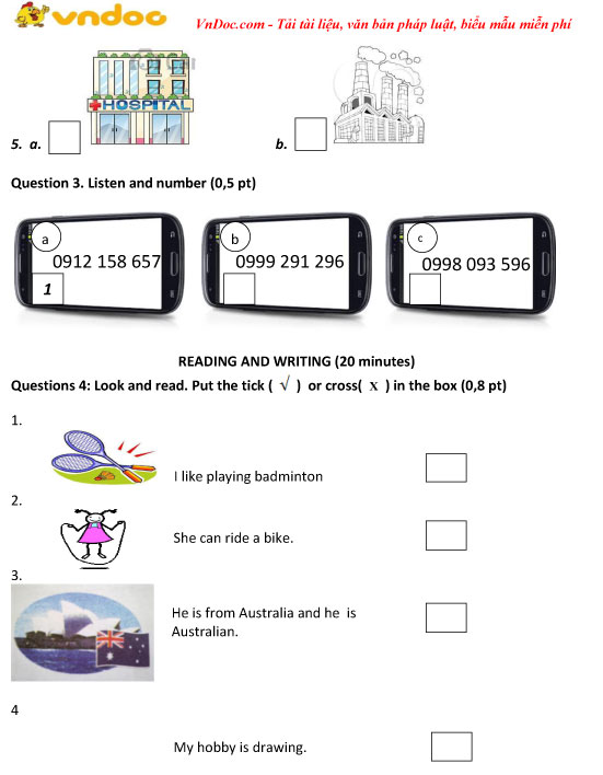 Đề thi giữa học kì 2 môn Tiếng Anh lớp 4 trường TH&THCS Lê Hồng Phong, Bến Tre năm học 2017 - 2018