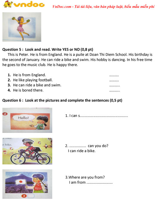 Đề thi giữa học kì 2 môn Tiếng Anh lớp 4 trường TH&THCS Lê Hồng Phong, Bến Tre năm học 2017 - 2018