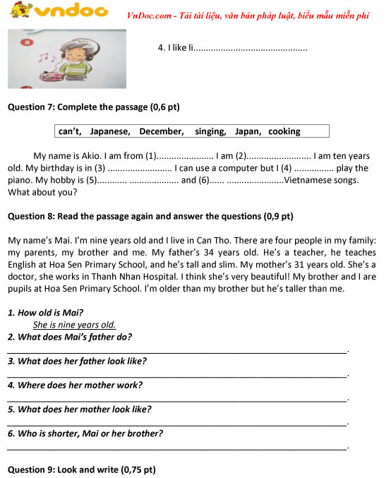 Đề thi giữa học kì 2 môn Tiếng Anh lớp 4 trường TH&THCS Lê Hồng Phong, Bến Tre năm học 2017 - 2018