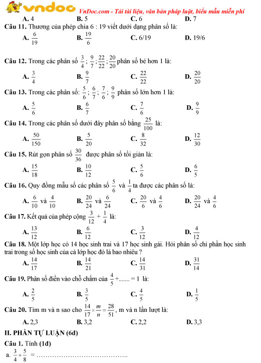 Đề thi giữa học kì 2 môn Toán lớp 4 trường TH&THCS Lê Hồng Phong, Bến Tre năm học 2017 - 2018