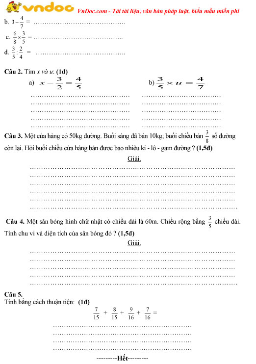 Đề thi giữa học kì 2 môn Toán lớp 4 trường TH&THCS Lê Hồng Phong, Bến Tre năm học 2017 - 2018