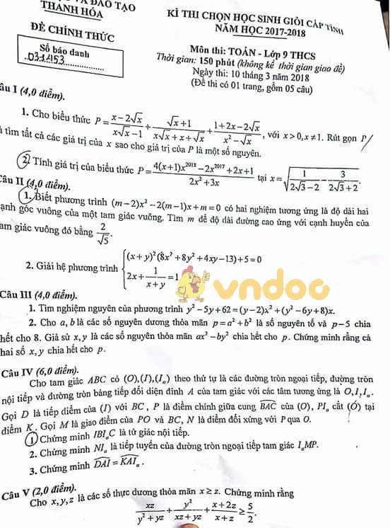 Đề thi chọn học sinh giỏi cấp tỉnh lớp 9 môn Toán Phòng GD&ĐT Thanh Hóa năm học 2017 - 2018