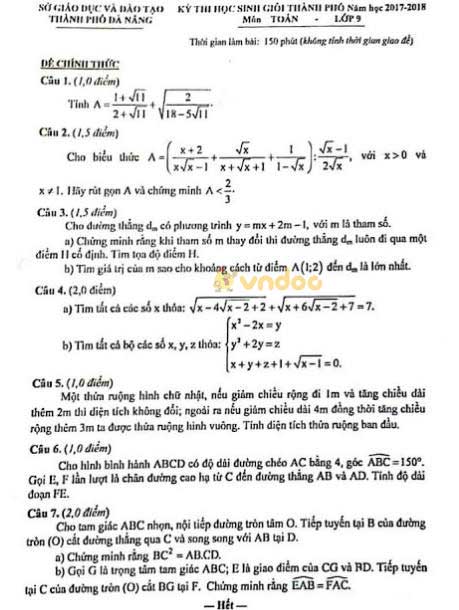 Đề thi chọn học sinh giỏi lớp 9 môn Toán Sở GD&ĐT TP Đà Nẵng năm học 2017 - 2018
