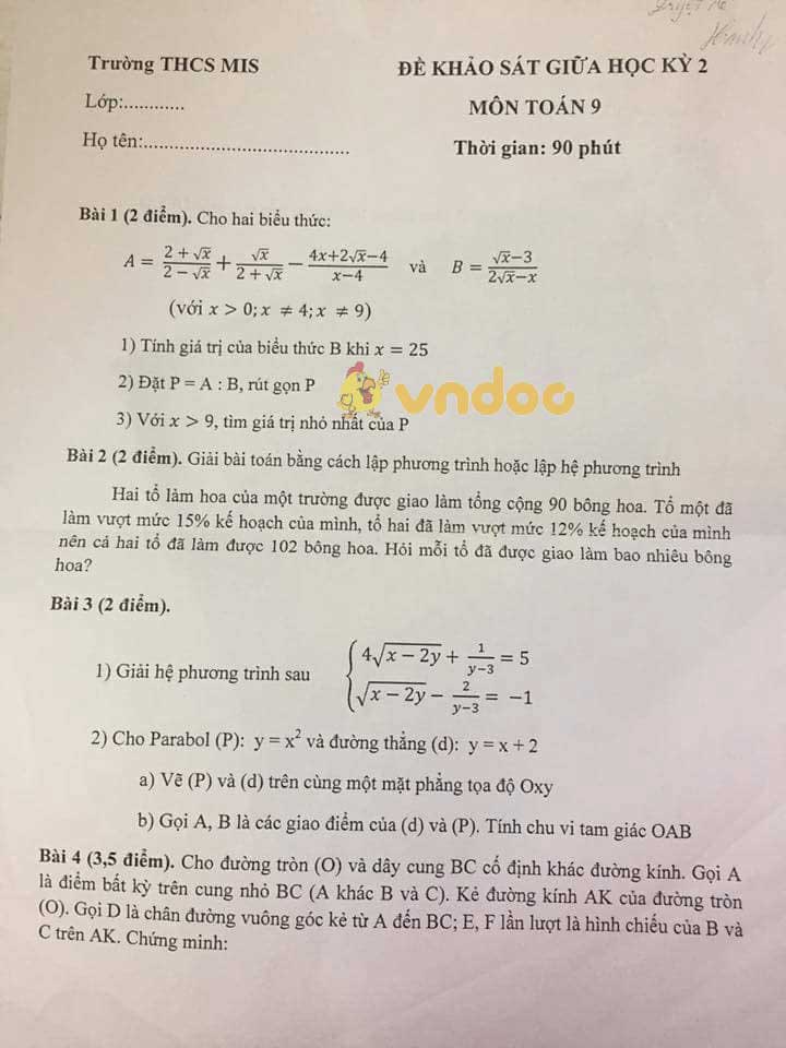 Đề thi giữa học kì 2 lớp 9 môn Toán trường THCS Mis