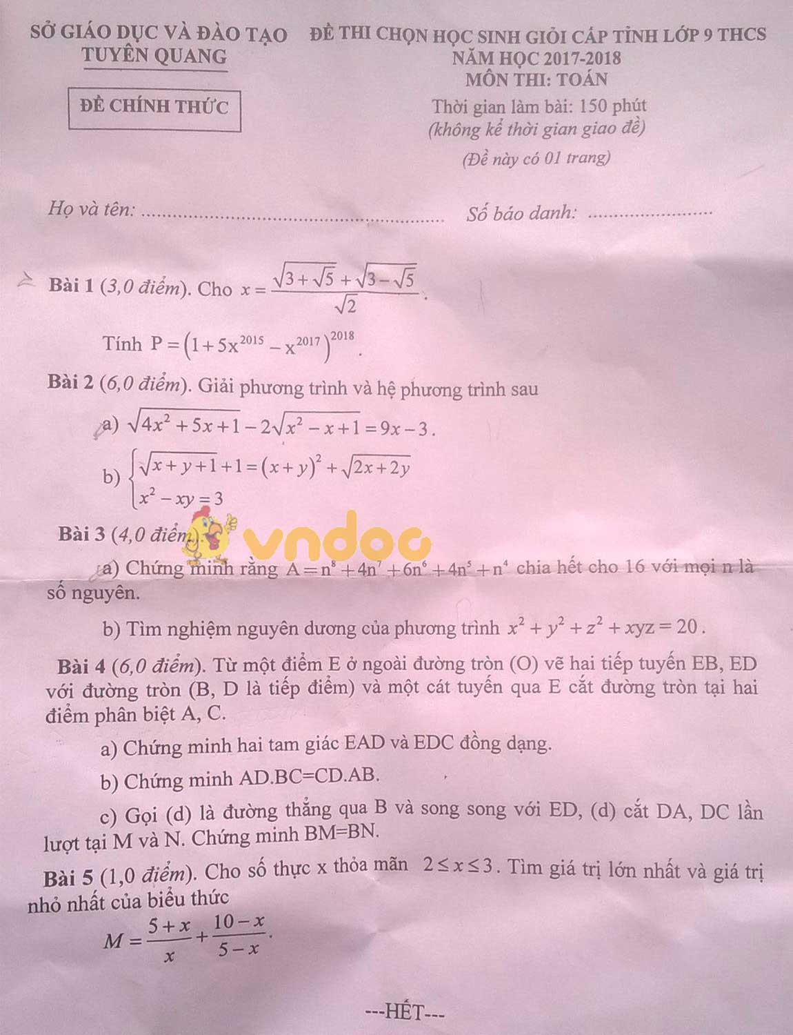 Đề thi chọn học sinh giỏi cấp tỉnh lớp 9 môn Toán Phòng GD&ĐT Tuyên Quang năm học 2017 - 2018