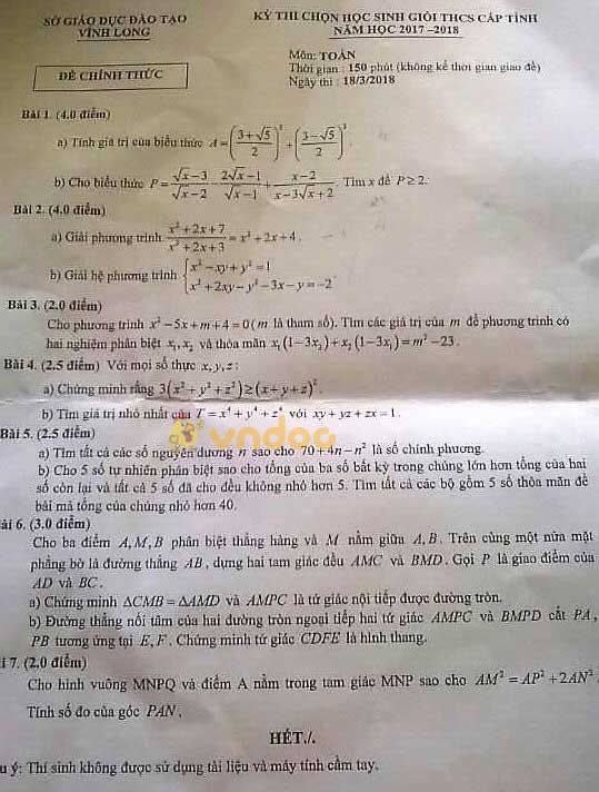 Đề thi chọn học sinh giỏi cấp tỉnh lớp 9 môn Toán Phòng GD&ĐT Vĩnh Long năm học 2017 - 2018