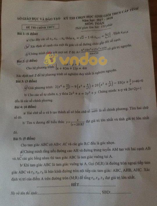 Đề thi chọn học sinh giỏi cấp tỉnh lớp 9 môn Toán Sở GD&ĐT Bình Dương năm học 2017 - 2018
