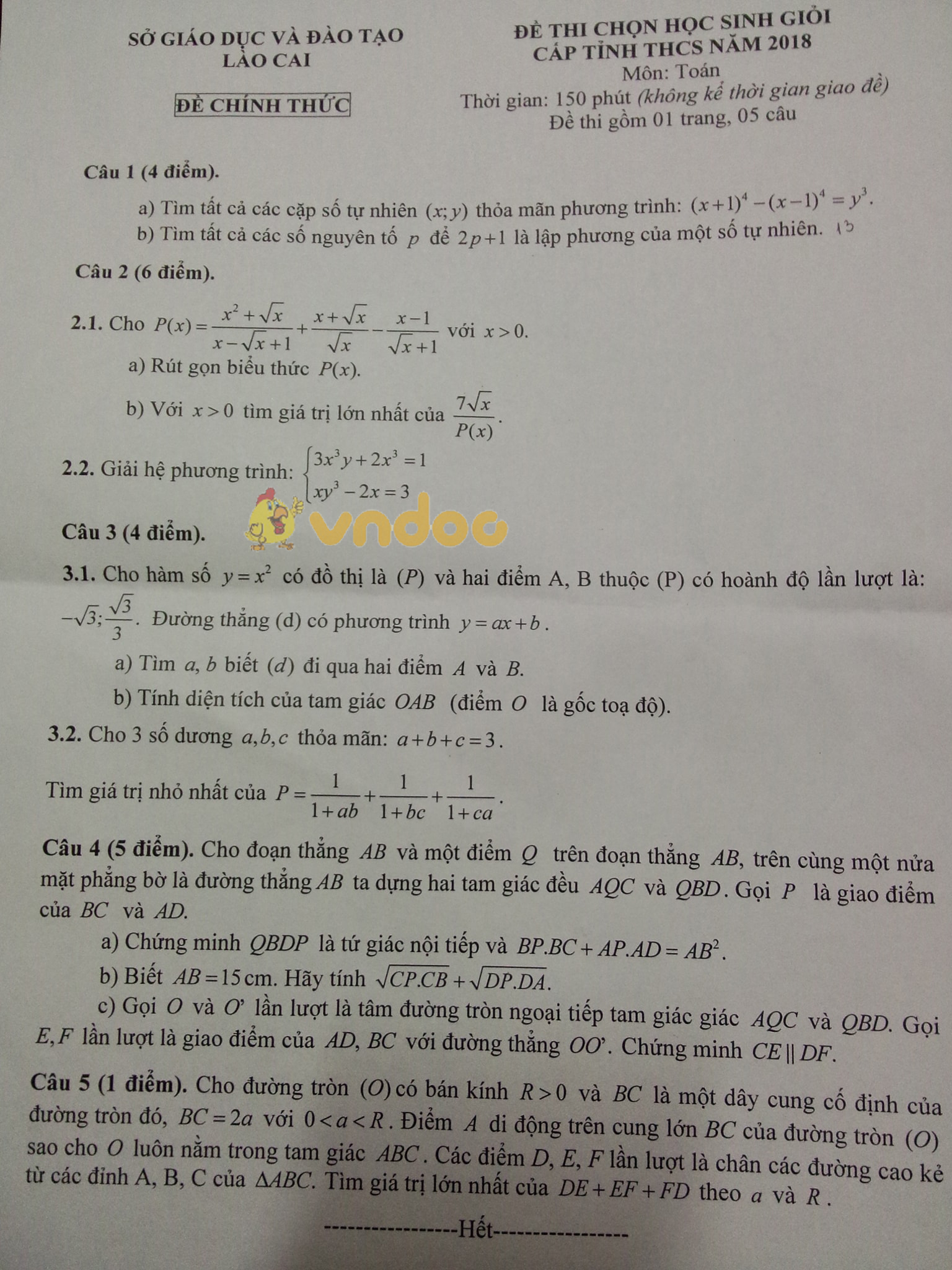 Đề thi chọn học sinh giỏi cấp tỉnh lớp 9 môn Toán Sở GD&ĐT Lào Cai năm học 2017 - 2018