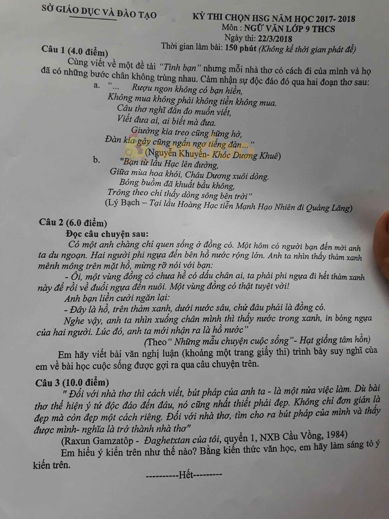 Đề thi chọn học sinh giỏi lớp 9 môn Ngữ văn Sở GD&ĐT Bình Dương năm học 2017 - 2018