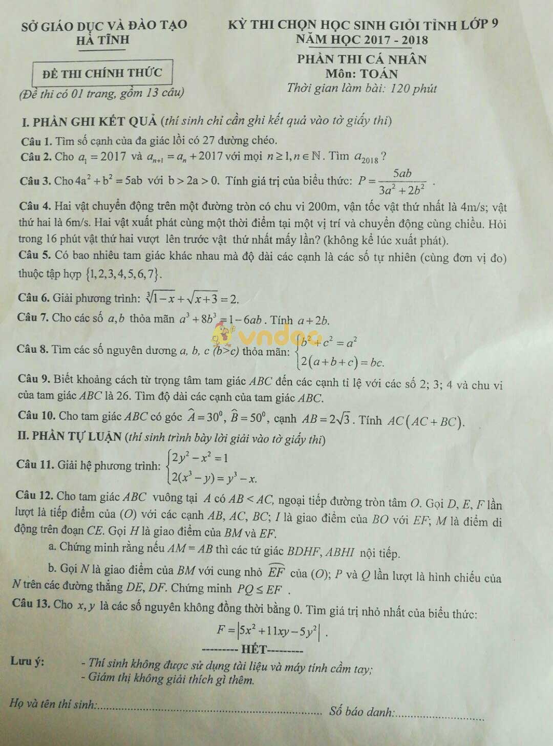 Đề thi chọn học sinh giỏi lớp 9 môn Toán Sở GD&ĐT Hà Tĩnh năm học 2017 - 2018