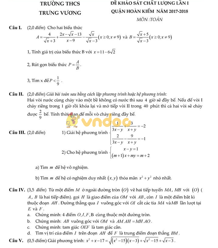 Đề thi thử vào lớp 10 môn Toán trường THCS Trưng Vương năm học 2017 - 2018 (lần 1)