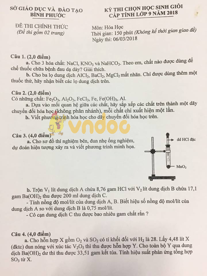 Đề thi chọn học sinh giỏi cấp tỉnh lớp 9 môn Hóa học Sở GD&ĐT Bình Phước năm học 2017 - 2018